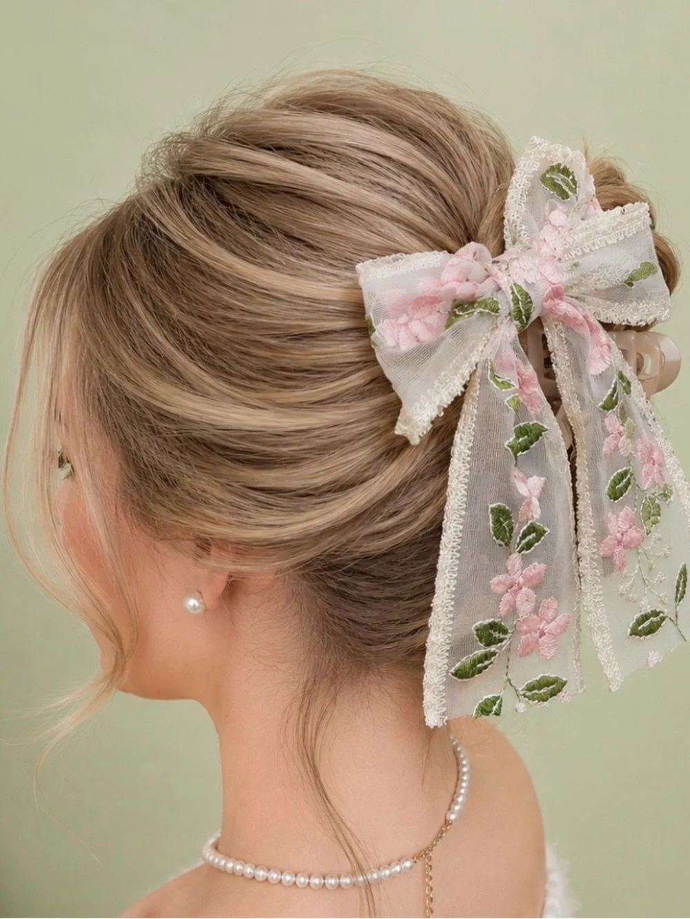 Delicate Pink Floral Lace Hair Bow Clip